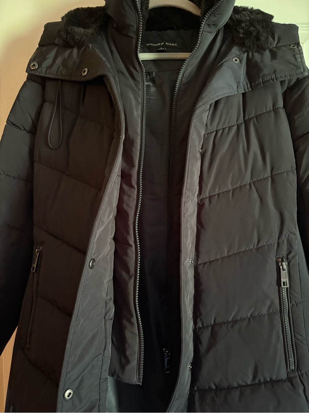 Andrew Marc Black Women's Quilted Puffer Coat with Faux Fur Hood - Picture 8 of 9
